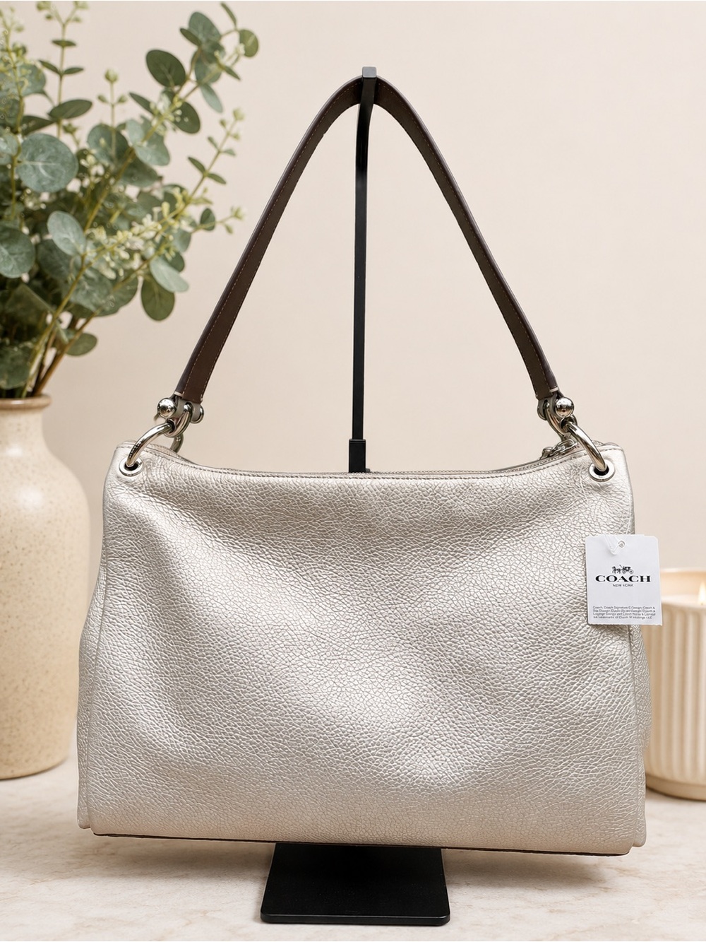 Coach Mia Metallic Silver Pebbled Leather Shoulder Bag NWT - Picture 2 of 9